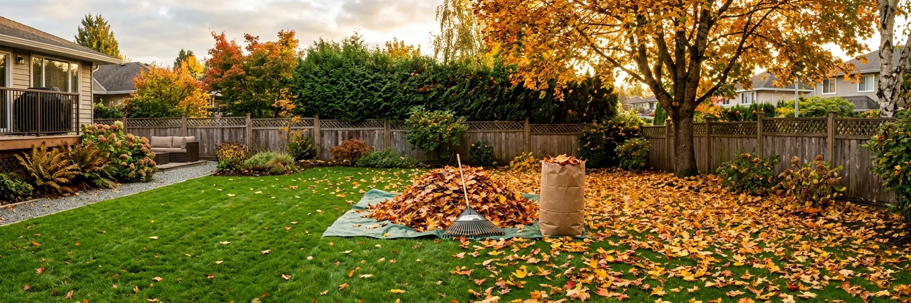 Backyard fall cleanup with a pile of raked maple leaves on a tarp, a rake and a yard waste bag