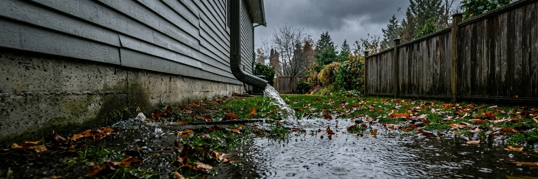 Downspout pouring rainwater onto a flooded side yard next to a house foundation during a fall storm