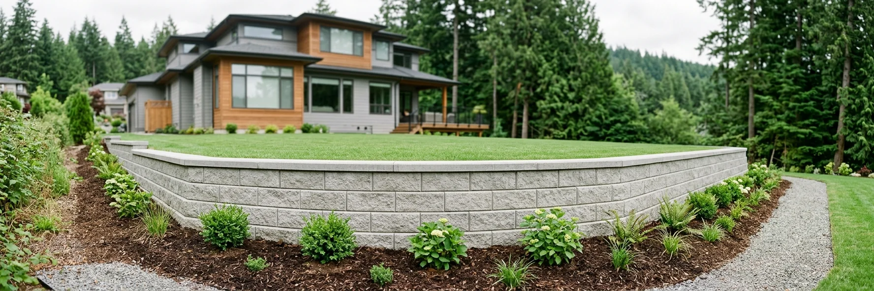 Finished grey block retaining wall levelling a backyard lawn, with a planted mulch bed at the base and a modern home behind