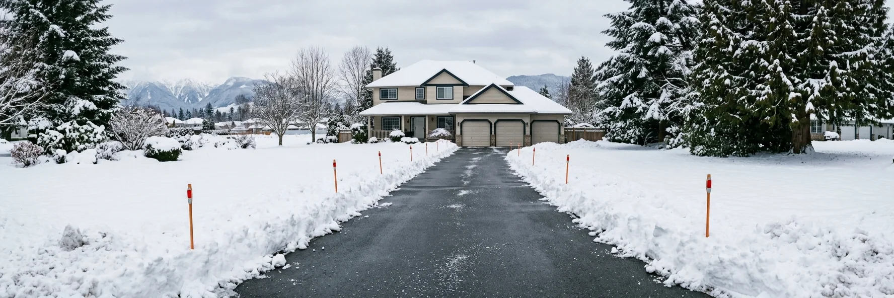 Long driveway freshly cleared of snow with orange marker stakes, leading to a snow-covered house below the mountains